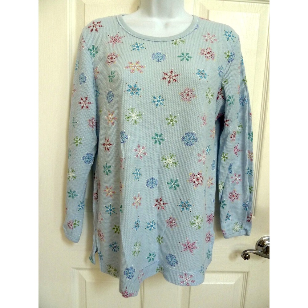 Victoria's Secret XS Waffle Knit Pajama Top Blue Snowflake Winter Cozy Tee